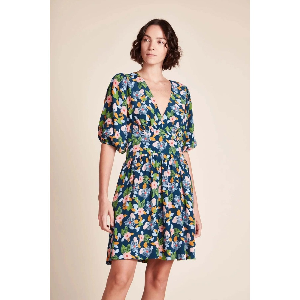 Birds of Paradis by Trovata Gia Dress Wild Hibiscus V-Neck Puff Sleeve size XS